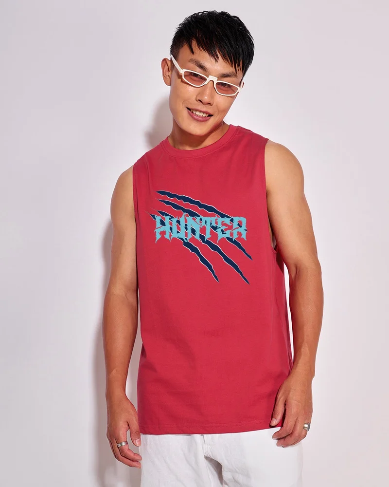 bewakoof Men's Bold Red Hunter Graphic Printed Boxy Fit Vest